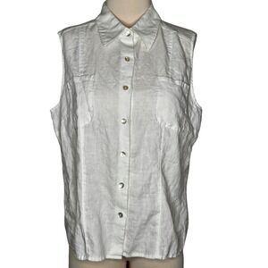 Mantles 100% Linen Sleeveless Button Front Shirt White Shell Buttons Size 16 Med